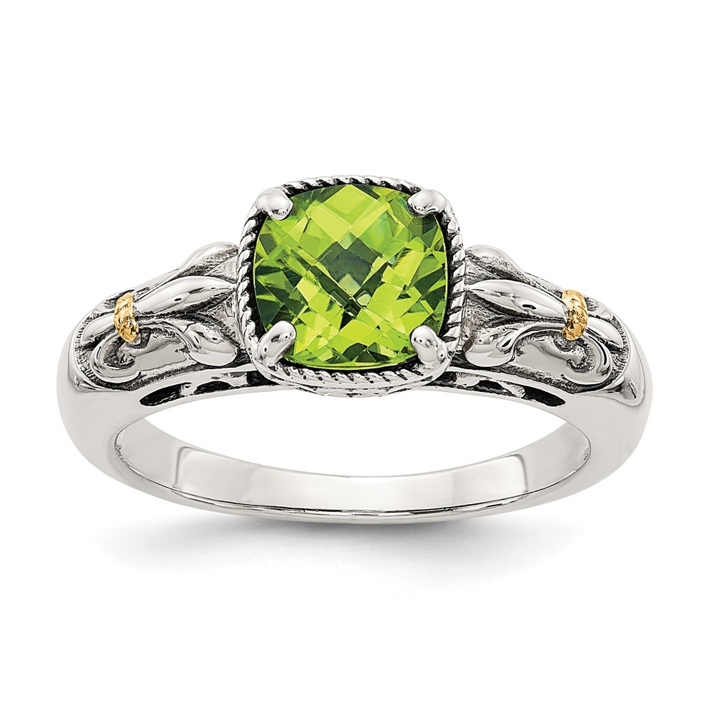 925 Ss W/ 14k Accent Antiqued Cushion Peridot August Birthstone Ring (Size 8)